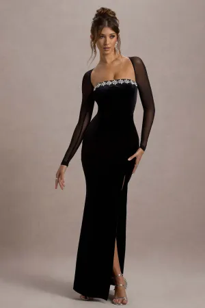 Ashby | Black Velvet Embellished Square-Neck Split Maxi Dress