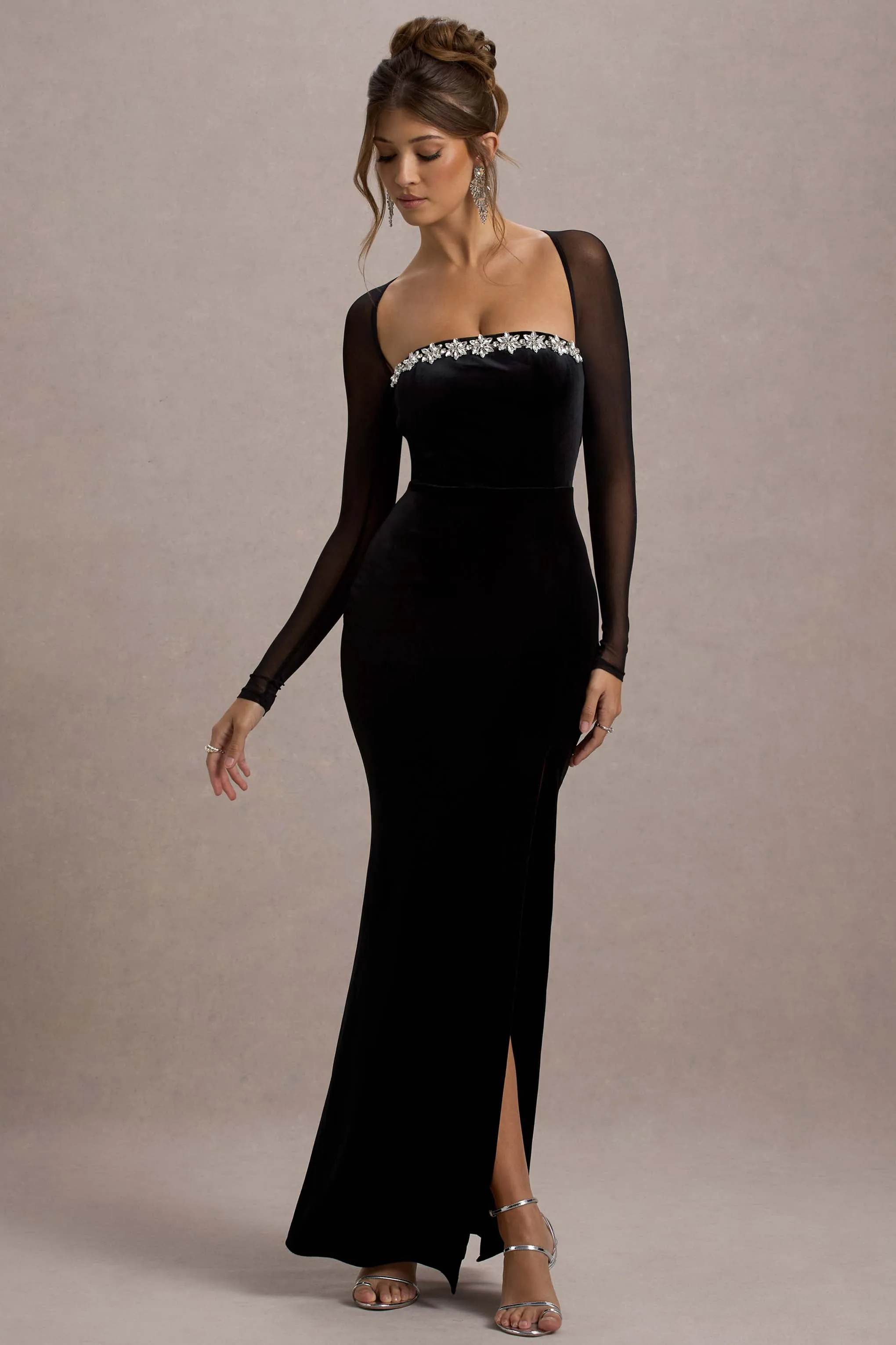 Ashby | Black Velvet Embellished Square-Neck Split Maxi Dress