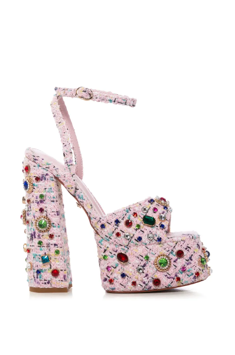 AZALEA WANG HYACINTH TWEED EMBELLISHED SANDAL IN PINK