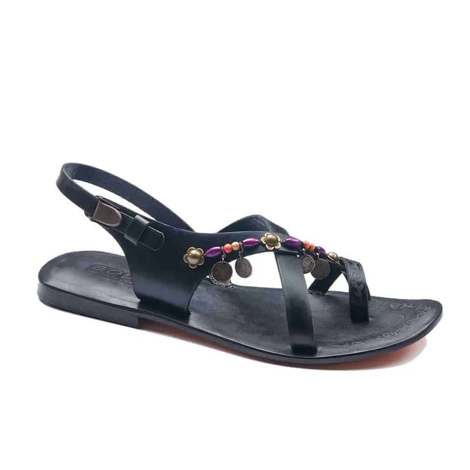 Black Cross Toe Loop Strapy Sandals For Womens