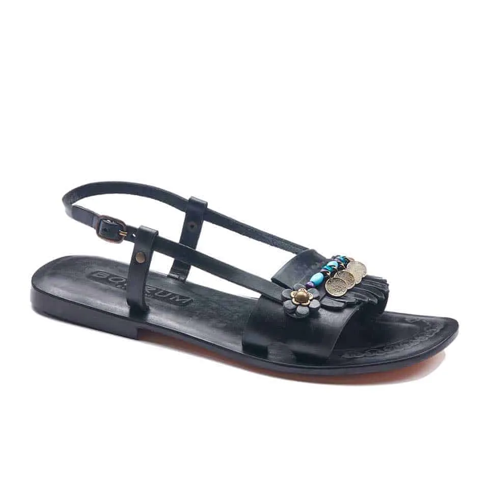 Black Open Toe Leather Ankle Sandals For Womens