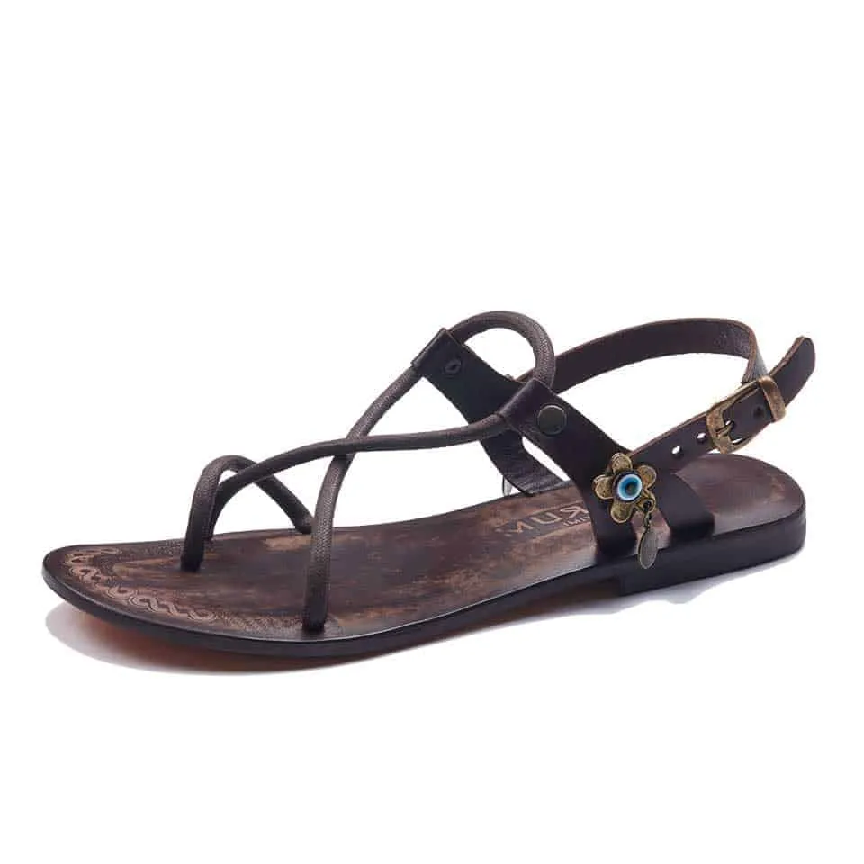 Brown Strappy Leather Thong Sandals For Womens