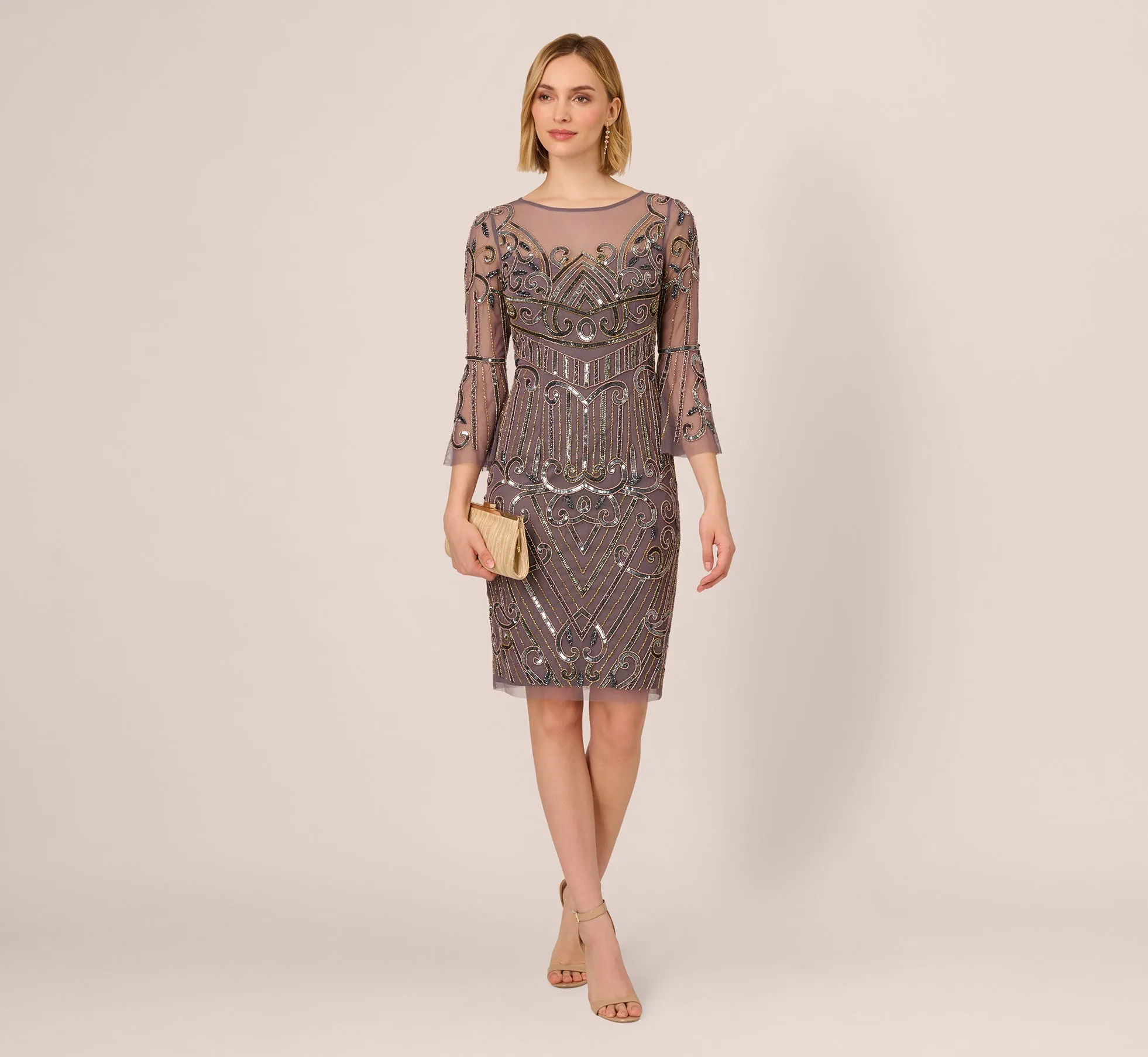 Deco Beaded Sheath Dress With Sheer Bell Sleeves In Moonscape