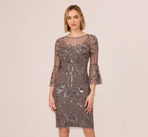 Deco Beaded Sheath Dress With Sheer Bell Sleeves In Moonscape