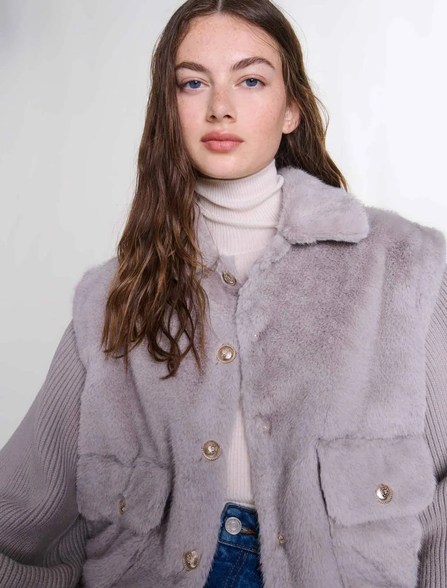 Dual-material faux fur jacket