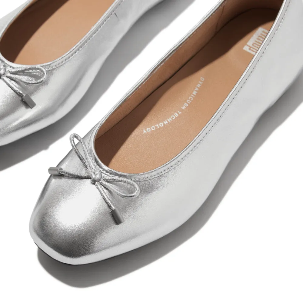 Fitflop Delicato Bow Soft Metallic Leather Ballet Flats Silver