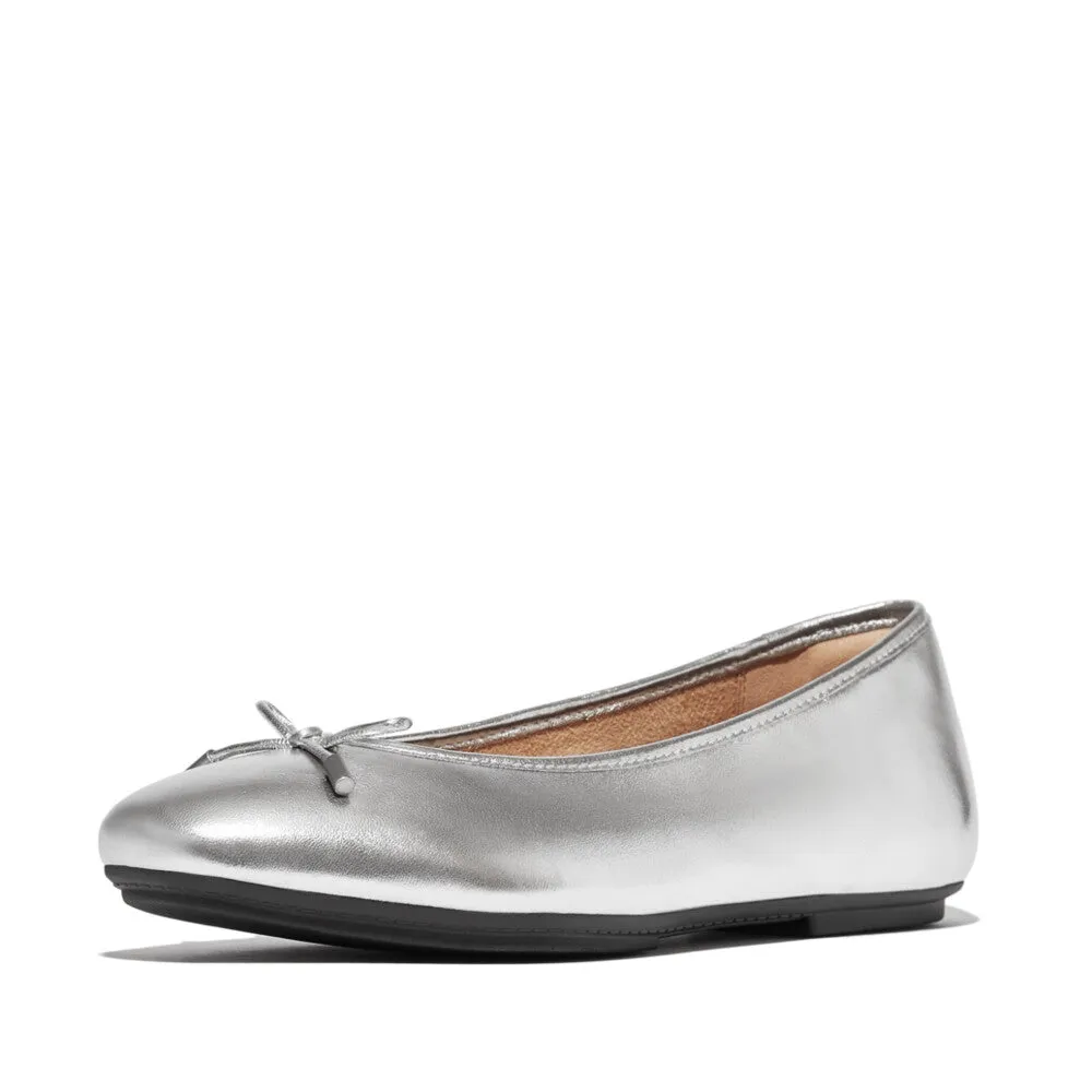 Fitflop Delicato Bow Soft Metallic Leather Ballet Flats Silver