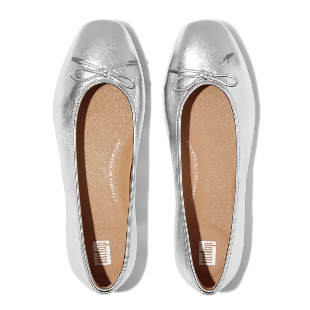 Fitflop Delicato Bow Soft Metallic Leather Ballet Flats Silver