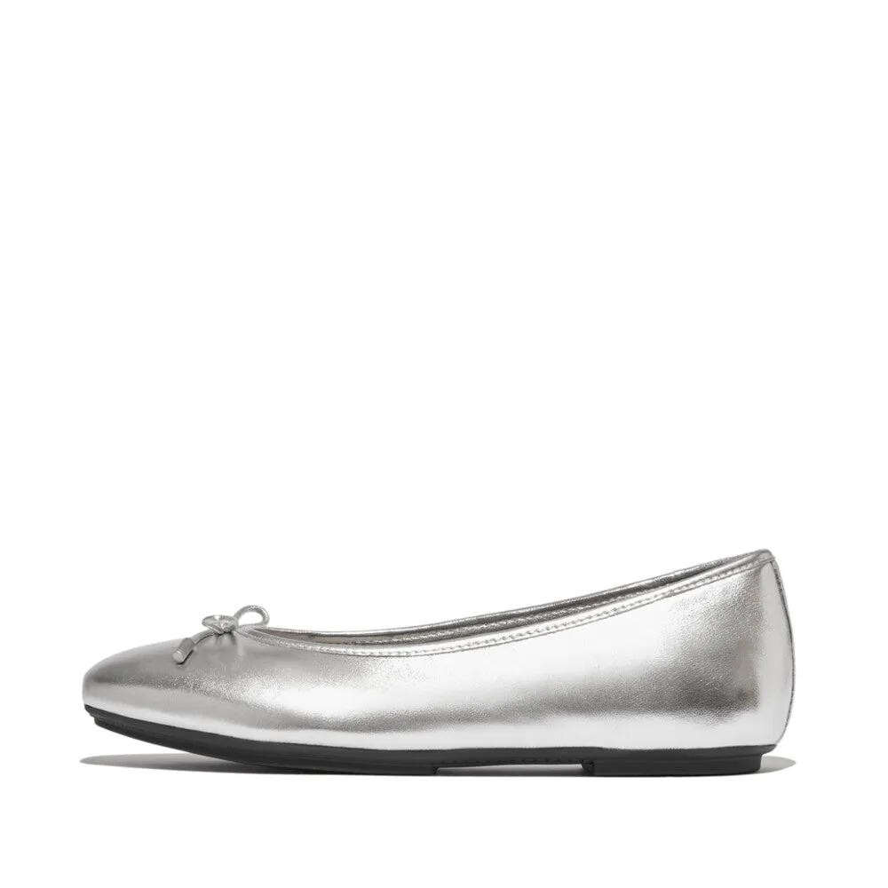 Fitflop Delicato Bow Soft Metallic Leather Ballet Flats Silver