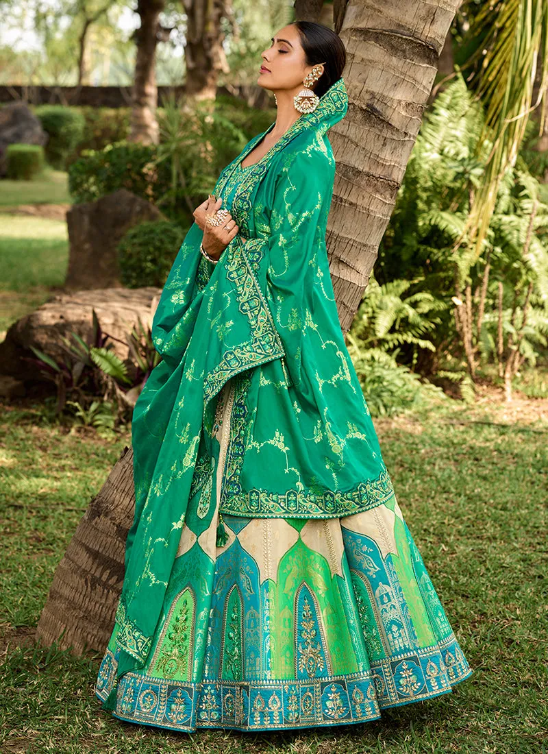 Green And Cream Embroidered Bridal Lehenga Choli