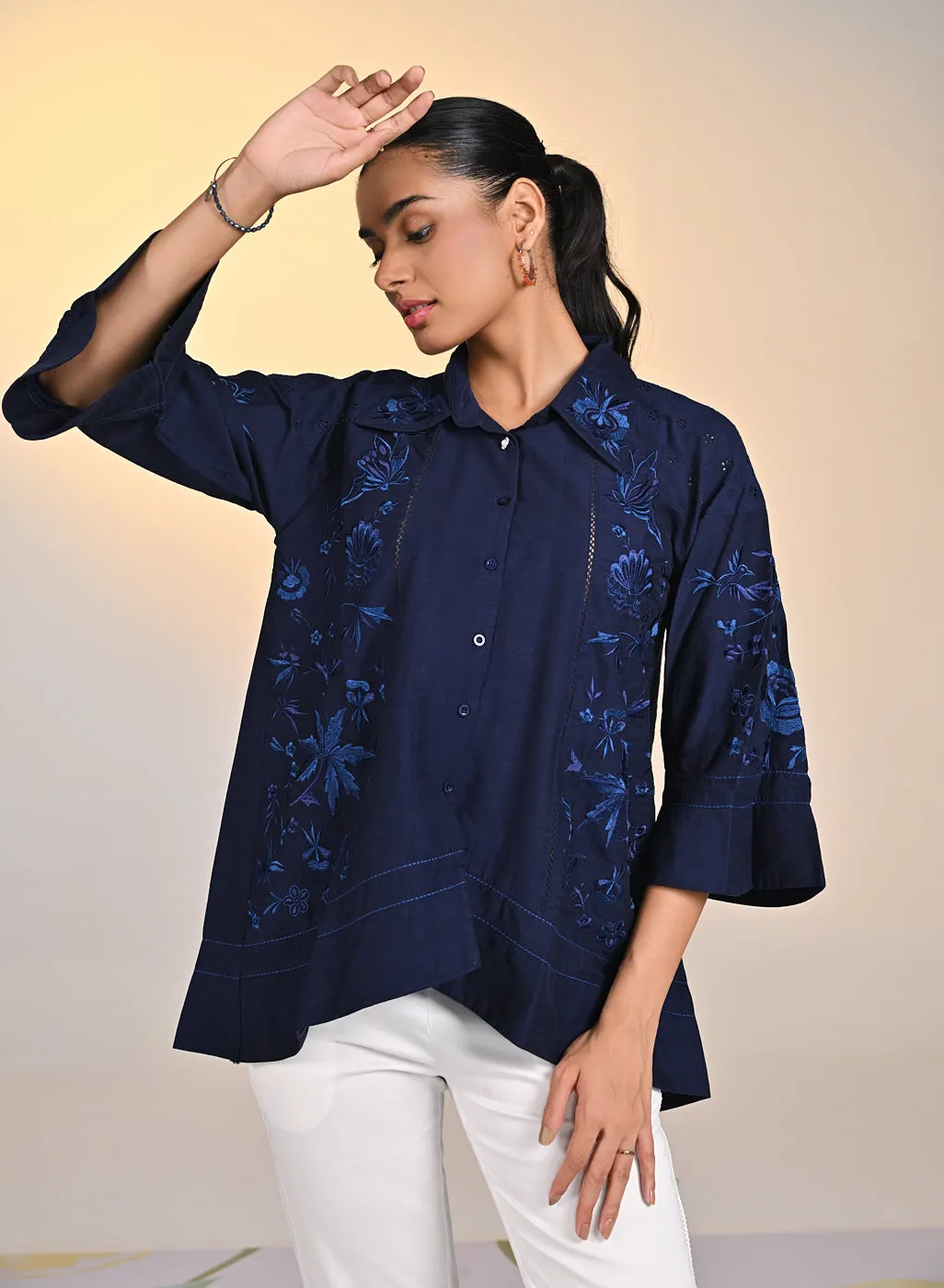 Laira Blue Embroidered Tencel Top for Women