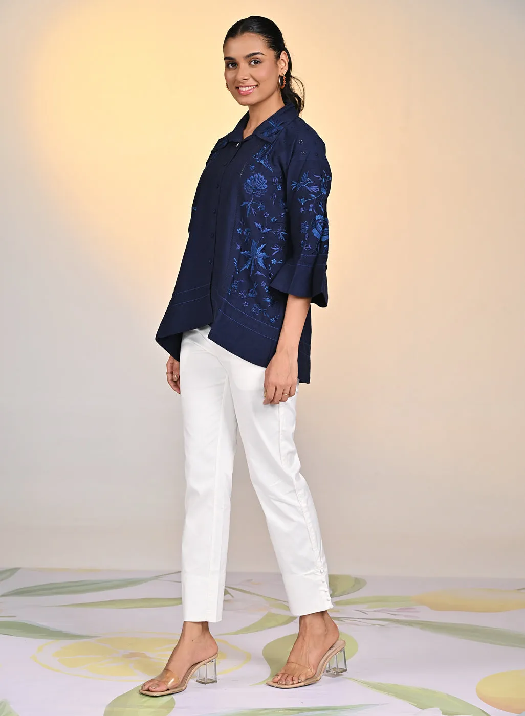 Laira Blue Embroidered Tencel Top for Women