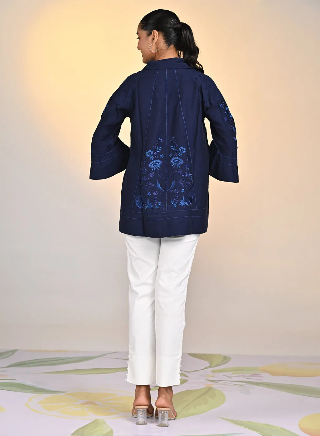 Laira Blue Embroidered Tencel Top for Women