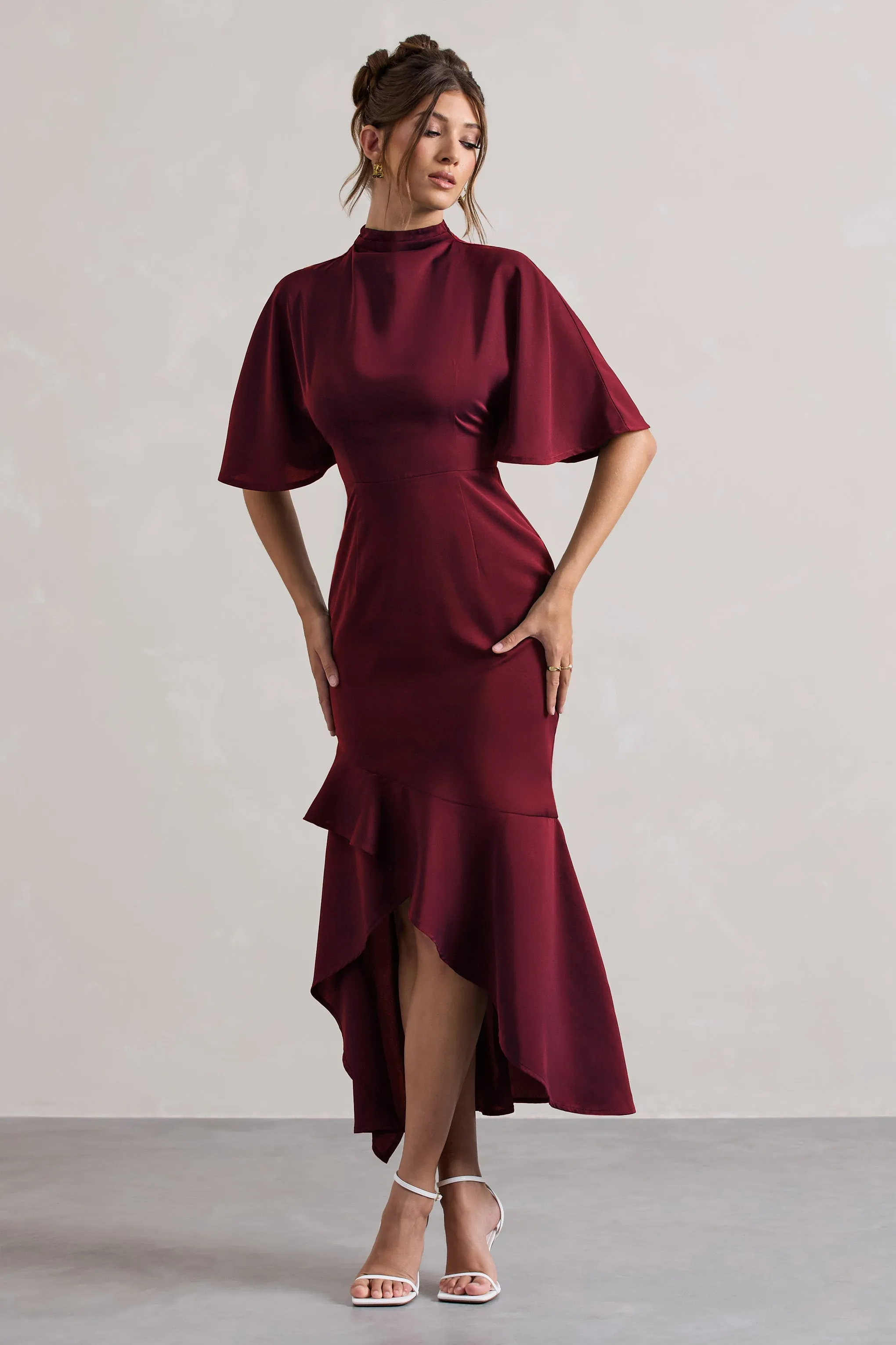 Lavinia | Berry High-Neck Flutter-Sleeve Asymmetric Maxi Dress