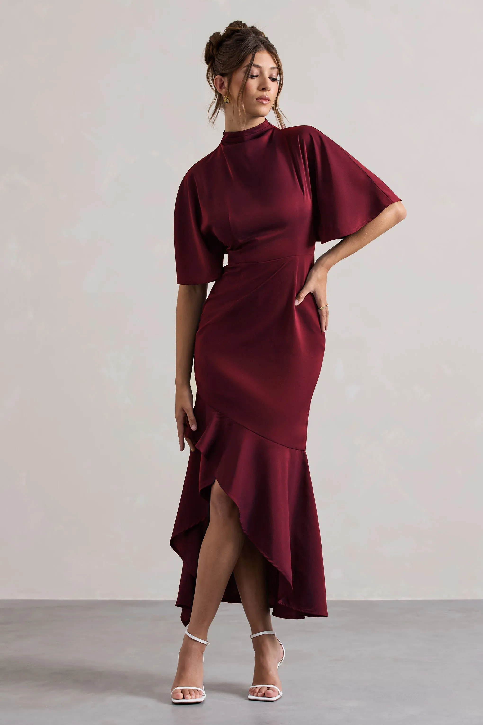 Lavinia | Berry High-Neck Flutter-Sleeve Asymmetric Maxi Dress