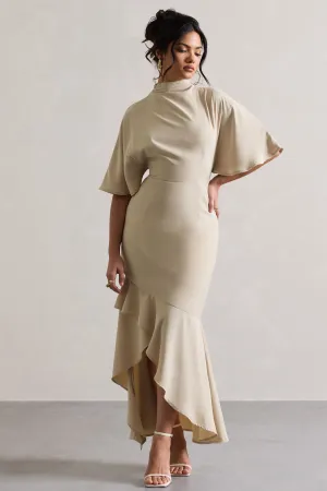 Lavinia | Champagne High-Neck Flutter-Sleeve Asymmetric Maxi Dress