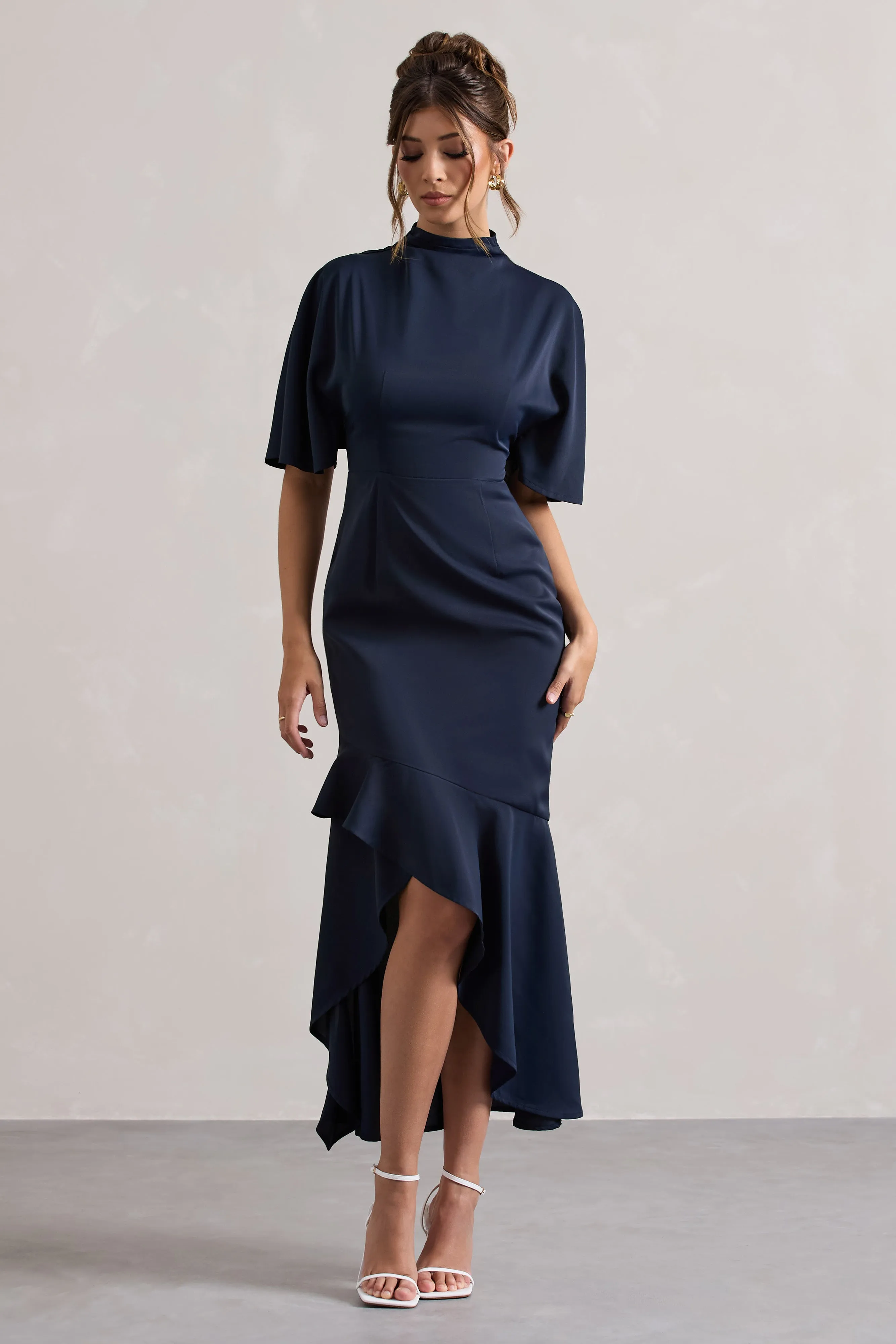 Lavinia | Navy High-Neck Flutter-Sleeve Asymmetric Maxi Dress