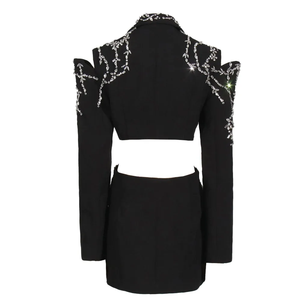 Opulent Crystal Embellished Lapel Cutout Long Sleeve Blazer Mini Dress