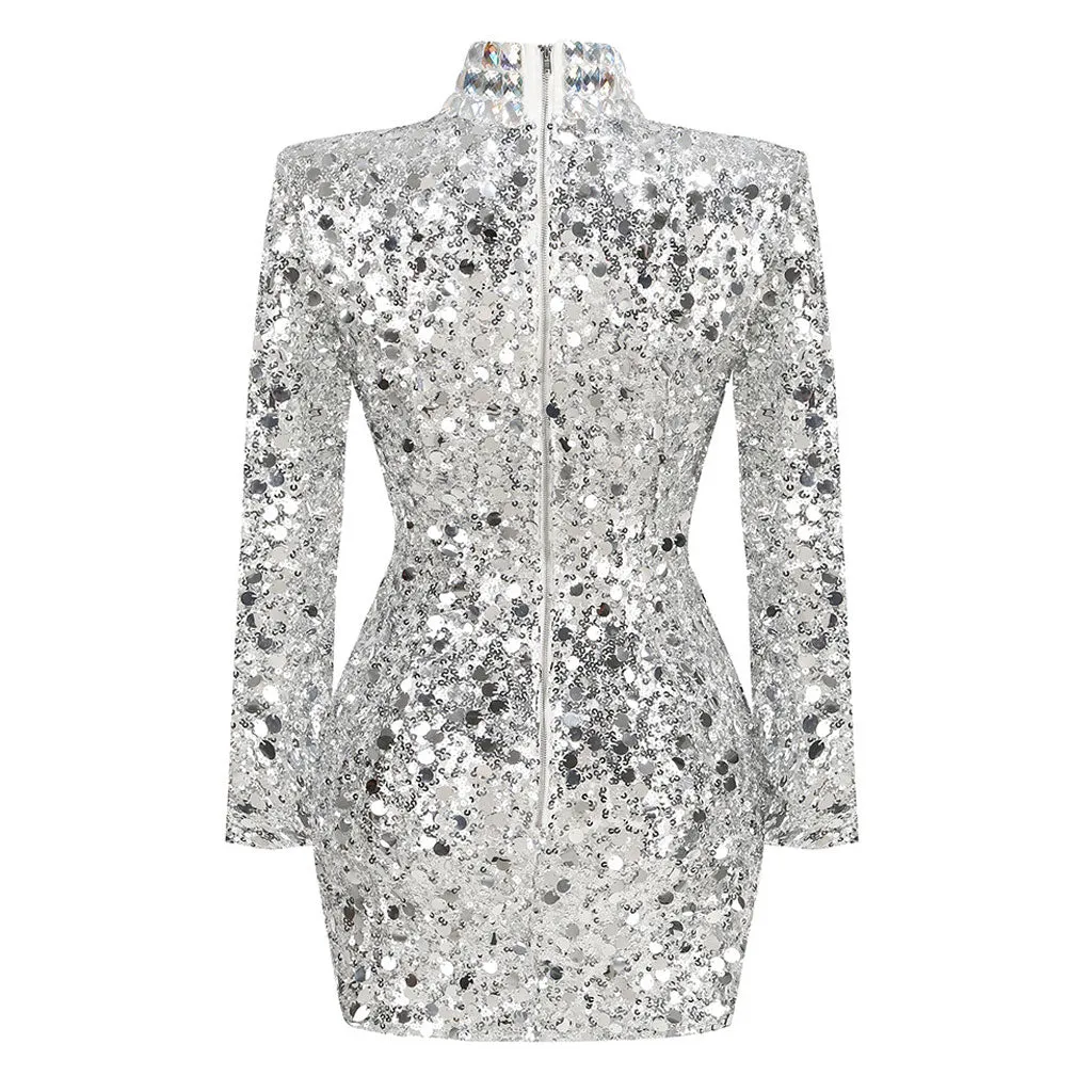 Opulent Rhinestone High Neck Long Sleeve Embellished Sequin Mini Dress