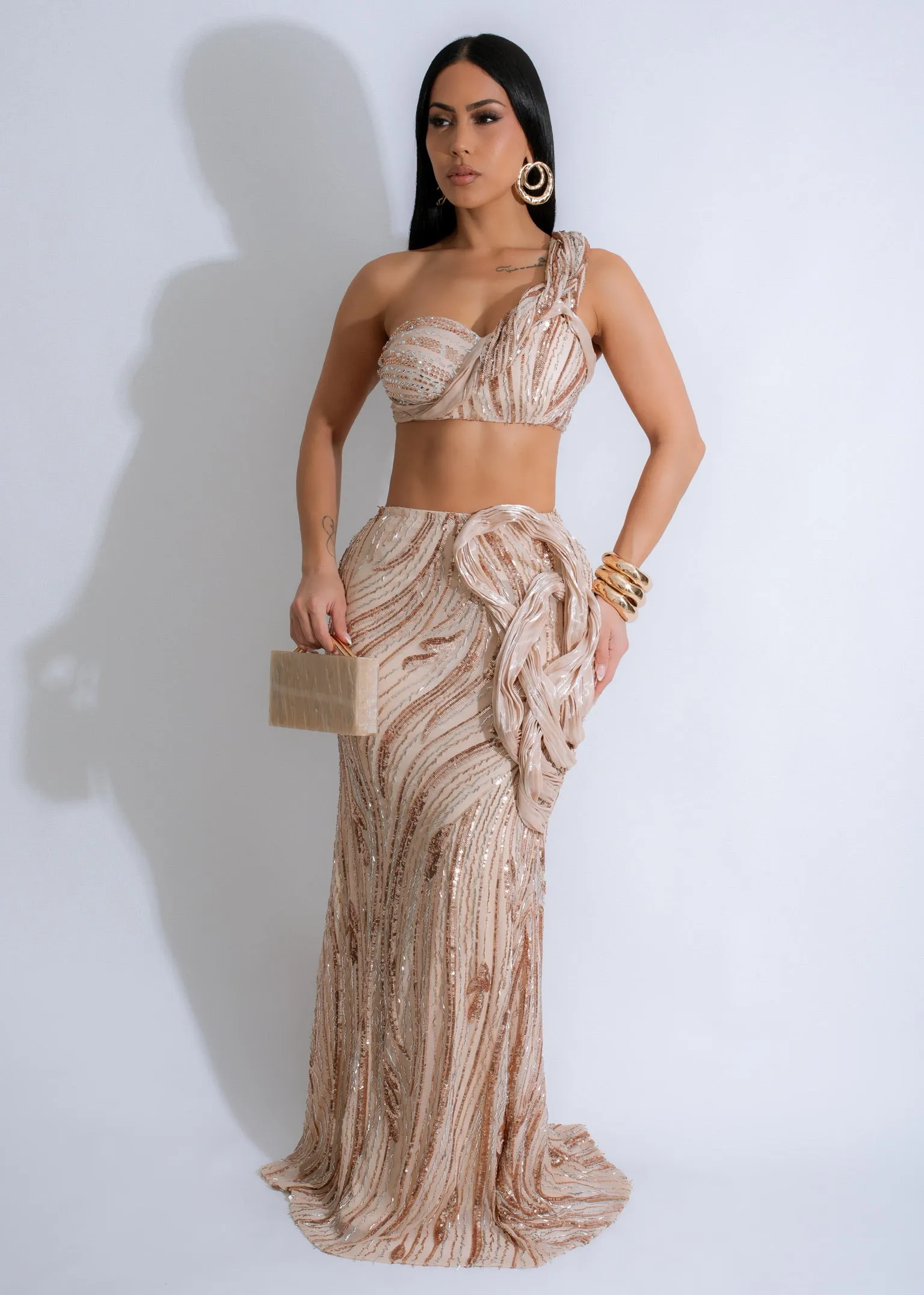 Opulent Waves Sequin Mesh Skirt Set Nude