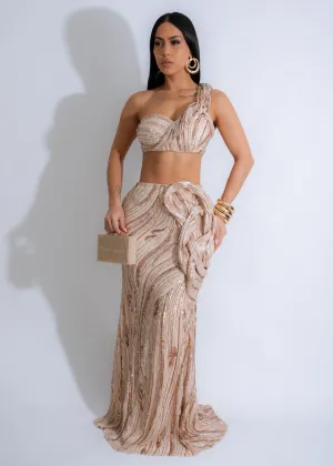 Opulent Waves Sequin Mesh Skirt Set Nude