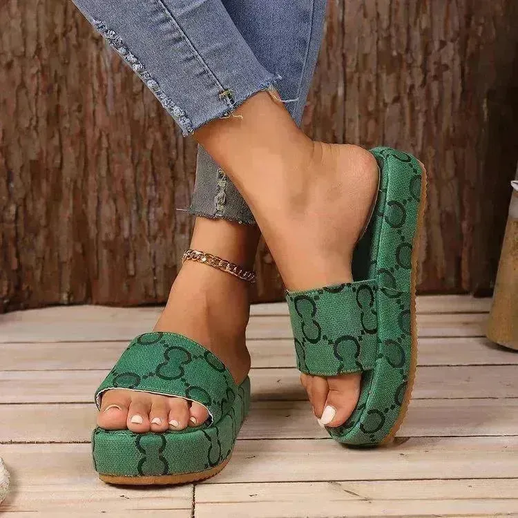 Print Thick-soled Flat Slippers Summer Fashion Casual Outdoor Beach Shoes For Women