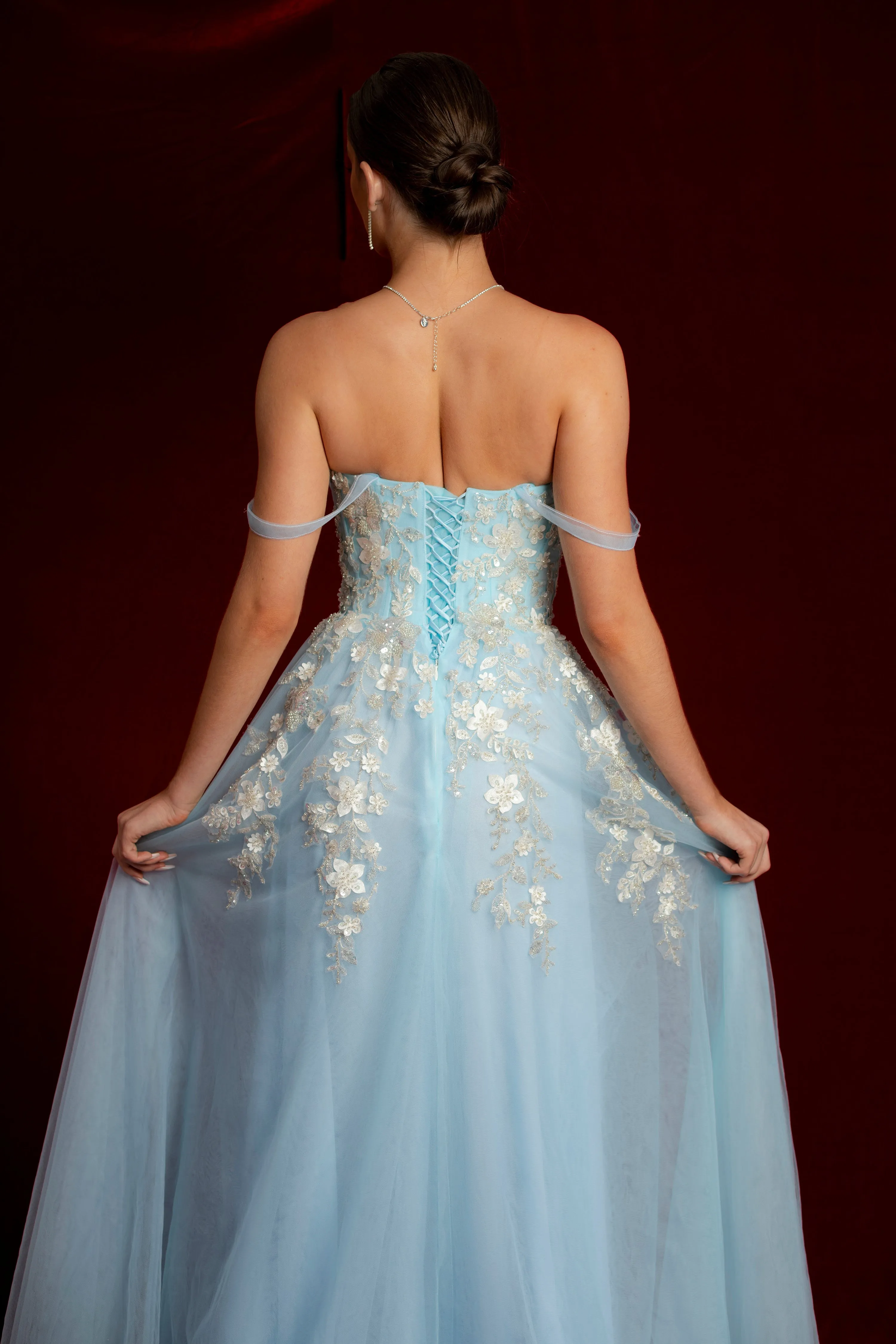 Sparkling blue princess dress with square bustier top with straps for Hire