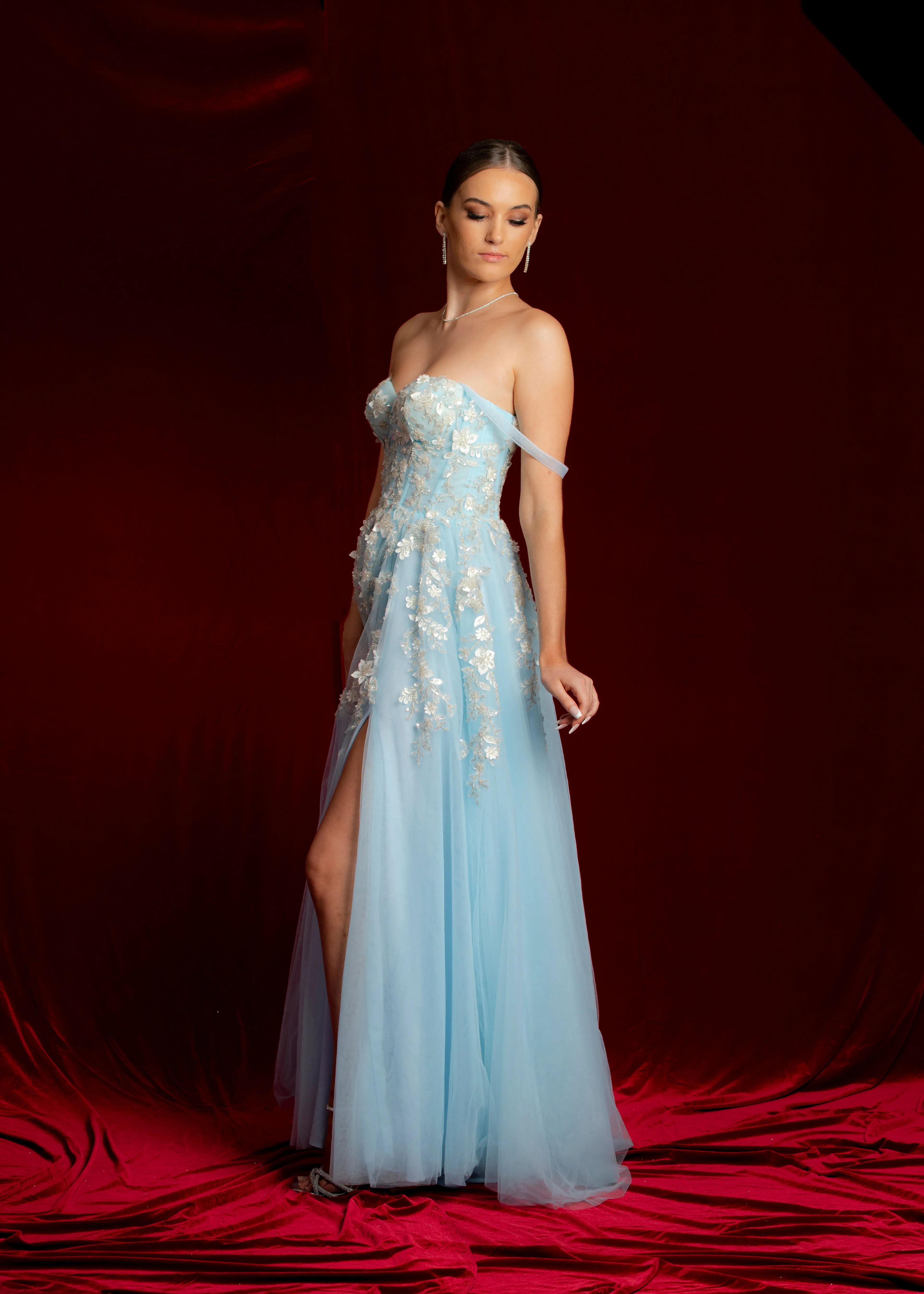 Sparkling blue princess dress with square bustier top with straps for Hire