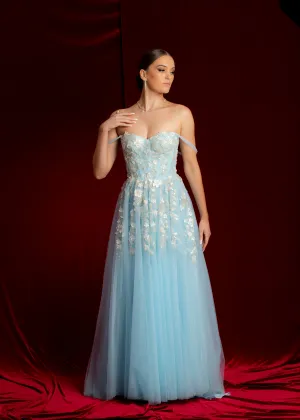 Sparkling blue princess dress with square bustier top with straps for Hire