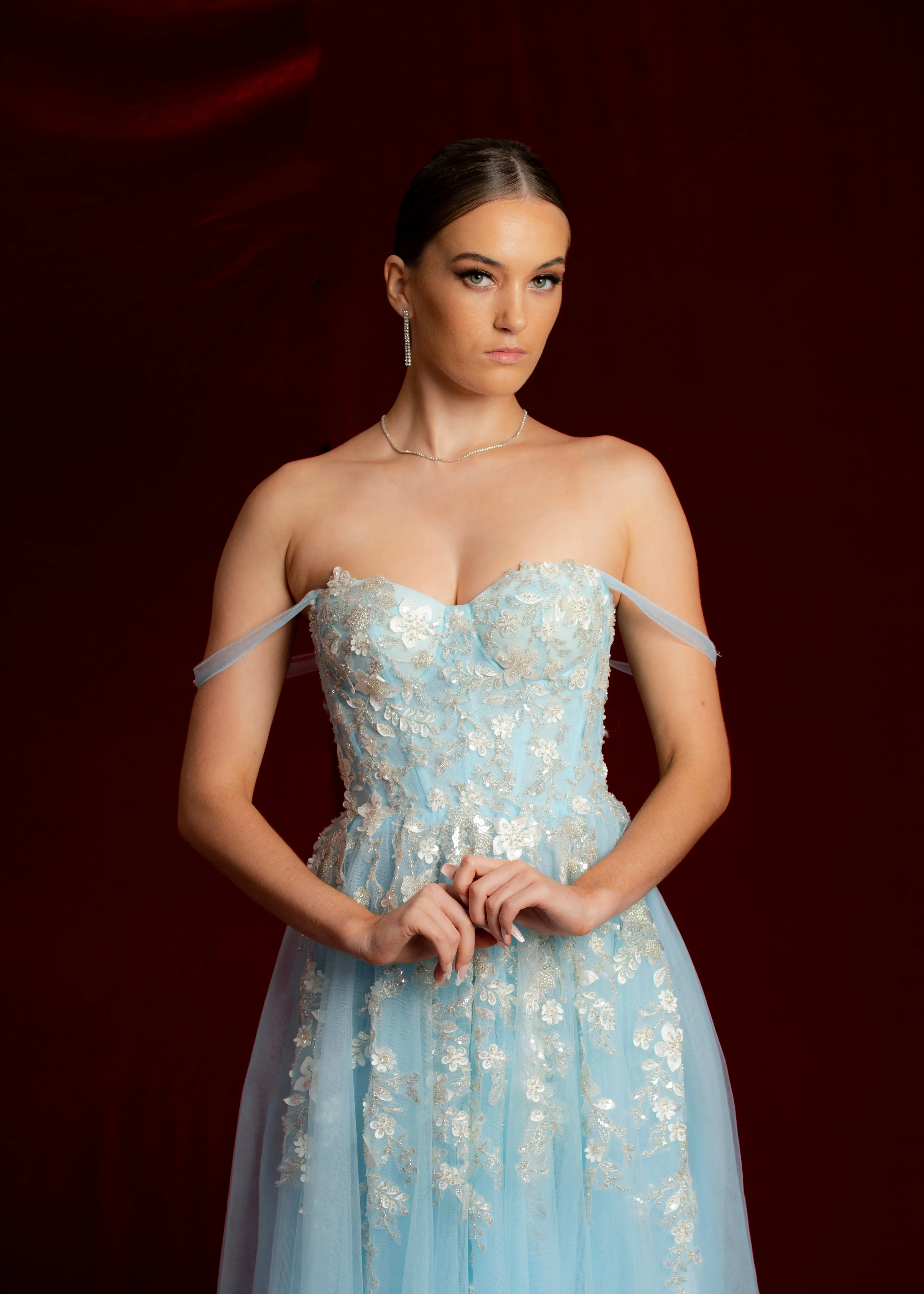 Sparkling blue princess dress with square bustier top with straps for Hire