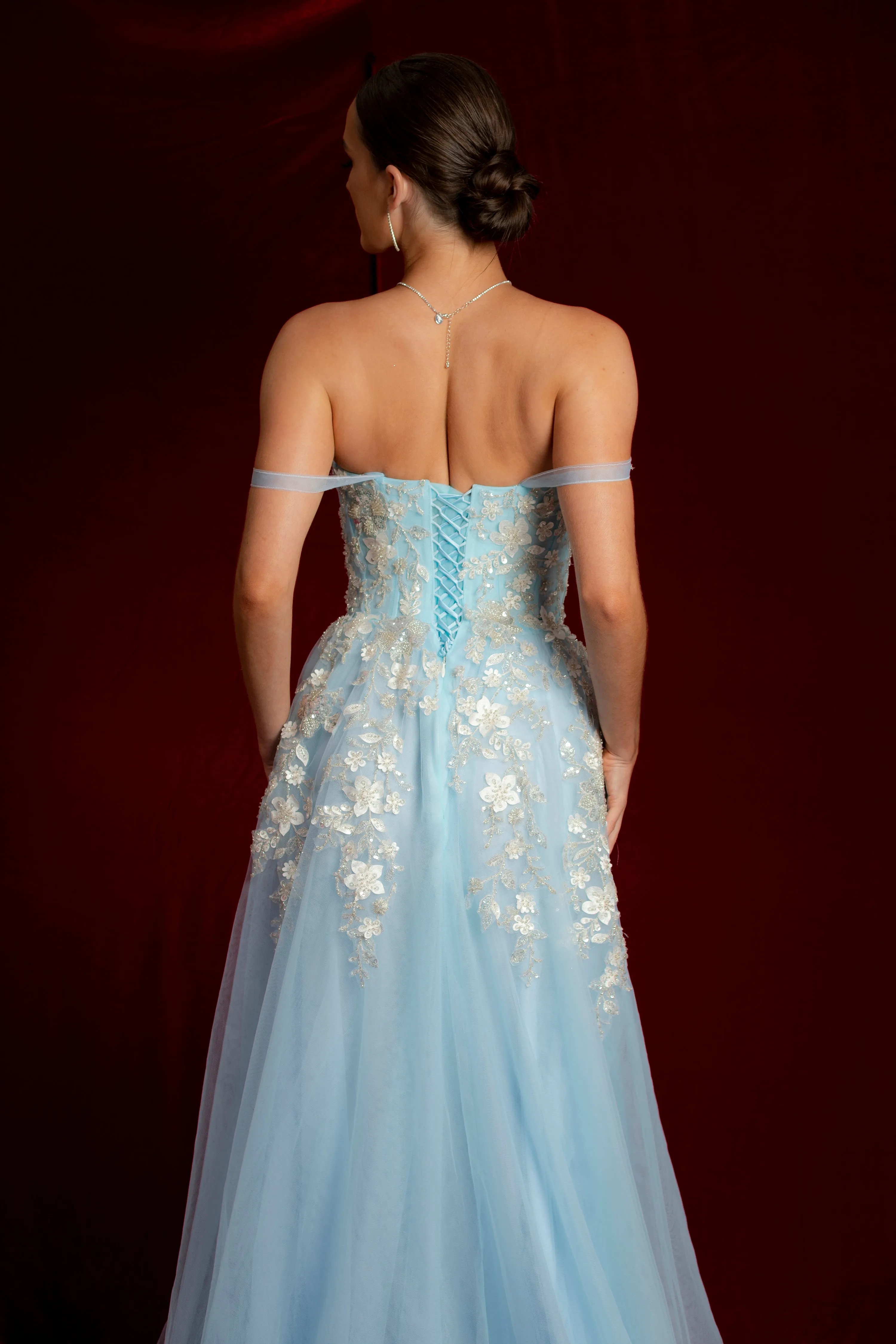 Sparkling blue princess dress with square bustier top with straps for Hire