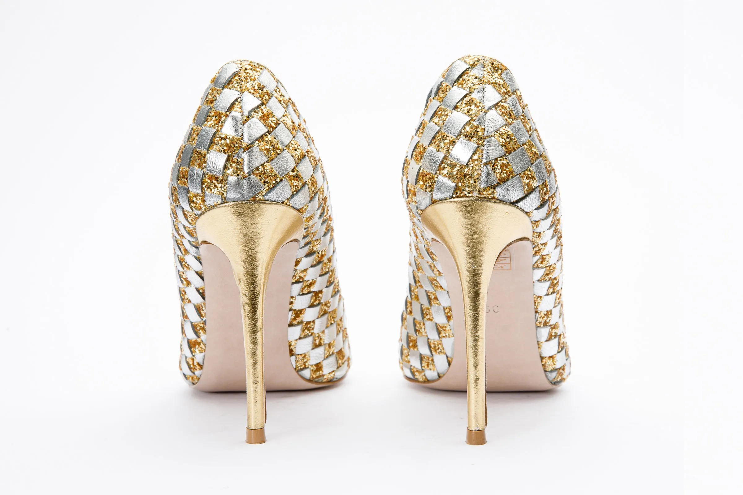 The Saks Tory Gold & Silver Handwoven Leather Pump Women Shoe