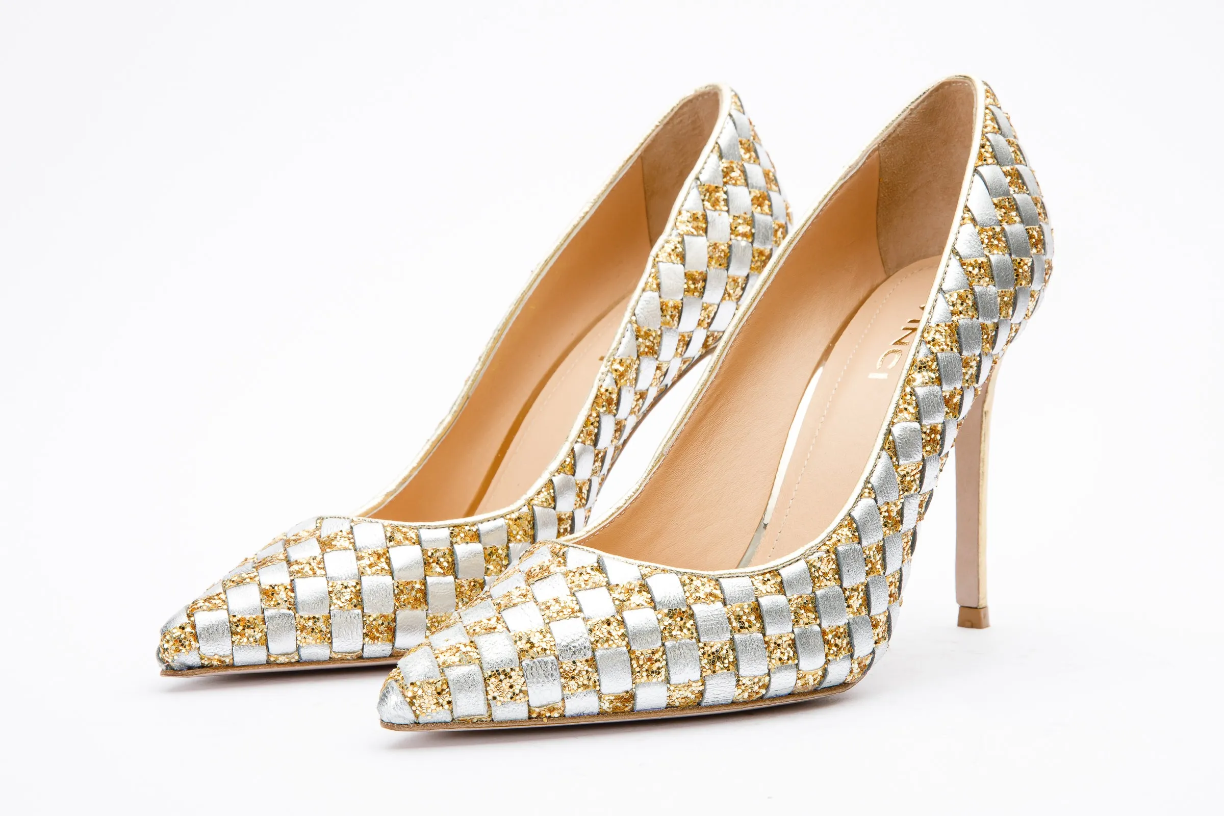 The Saks Tory Gold & Silver Handwoven Leather Pump Women Shoe