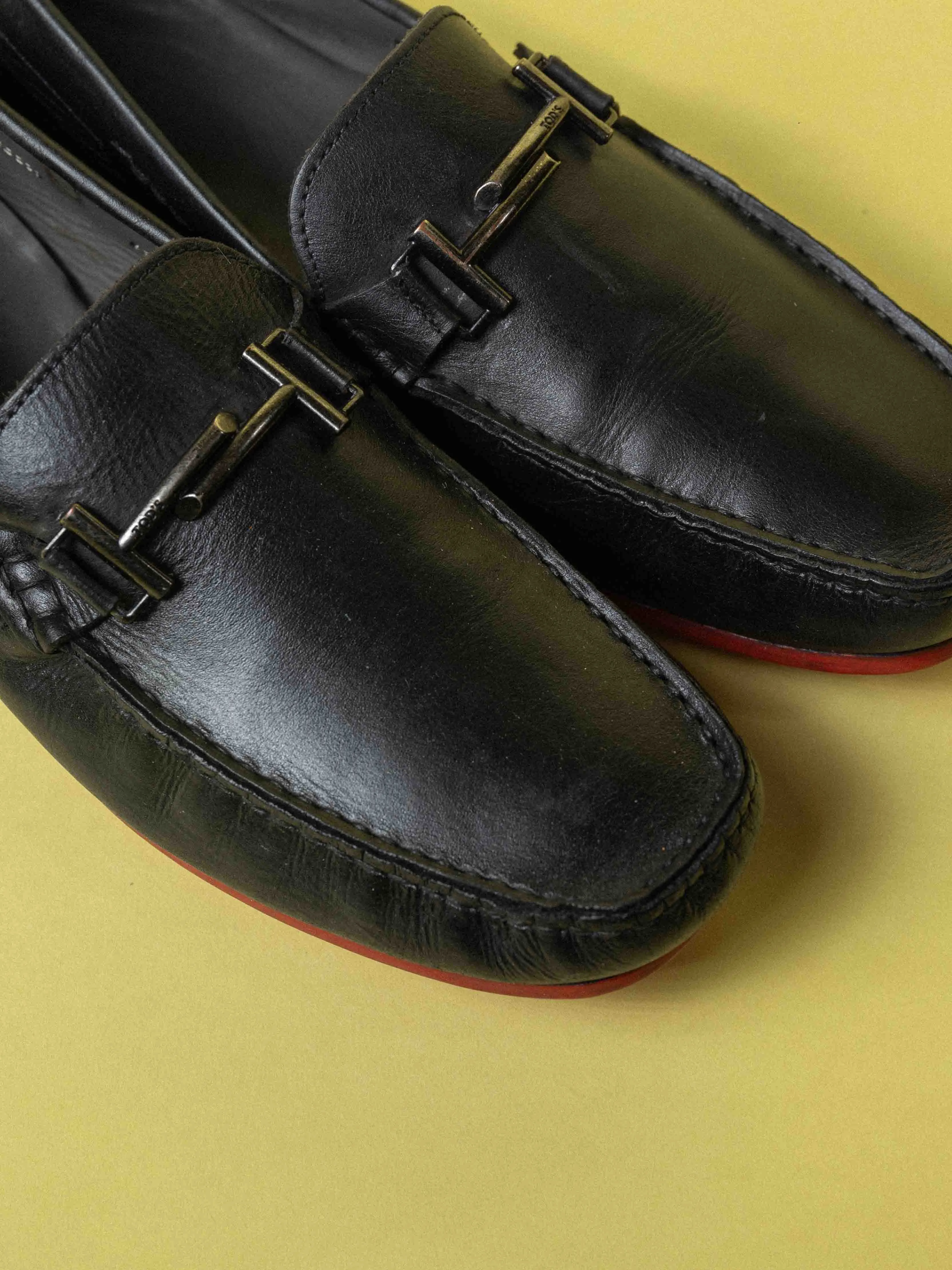 Tod's Black Leather Double T Slip On Loafers