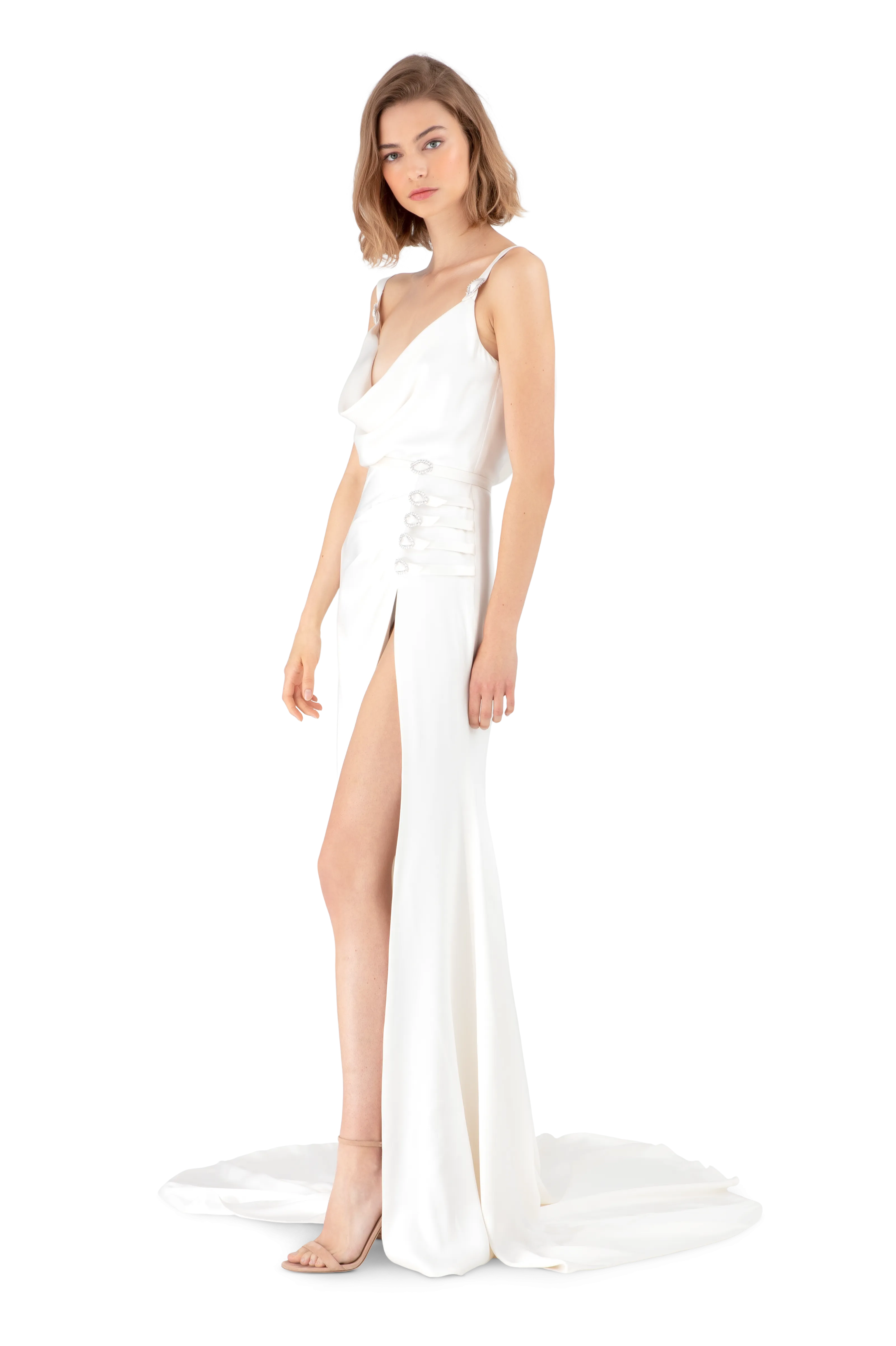 White Double Silk Satin Cowl Neck Maxi Dress