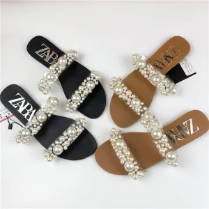 Women Vintage Pearl Boho Sandals Summer Shoes Flat Pearl Sandals Comfortable String Bead Slippers Casual Sandals Size